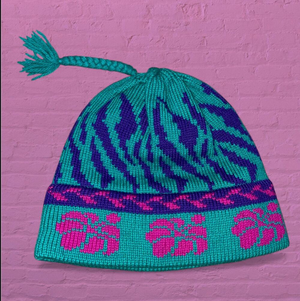 Vermont Originals 100% Wool Beanie Hat Tassel Lined Handcrafted Pink Green Mtns